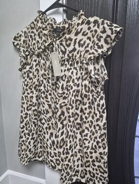 J. Crew Leopard Print Tie-Neck Ruffle Cap-Sleeve Blouse - Tan/Black